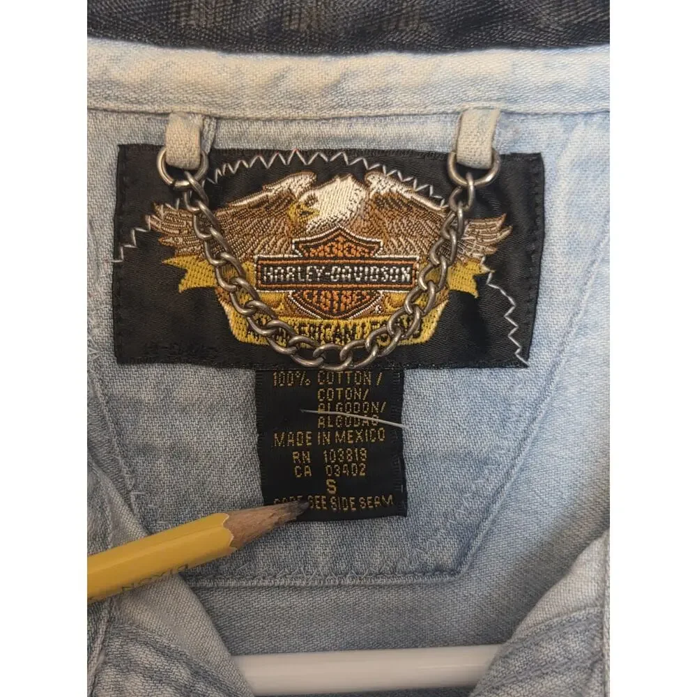 Harley Davidson Cotton Denim Shirt Vintage Mens S Light Blue Motorcycle Biker